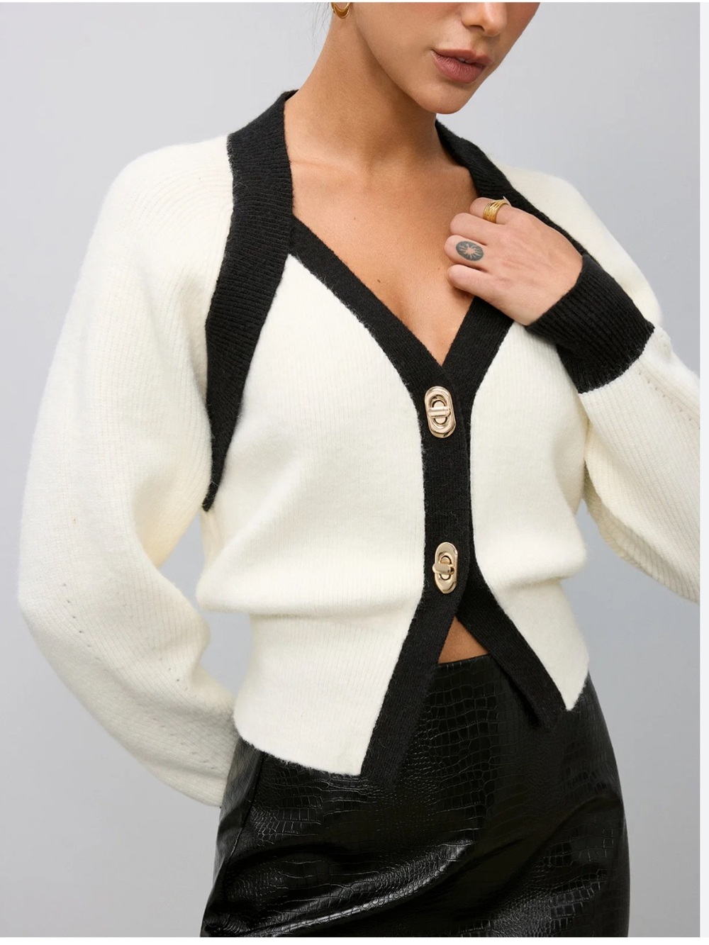 Commense Contrast Trim Button Wool Blend Cream Cardigan with Black Trim